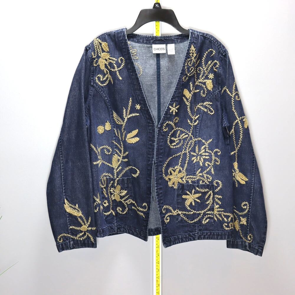 Chico’s Embroidered Denim‎ Jacket Floral Stitching Size 2 L